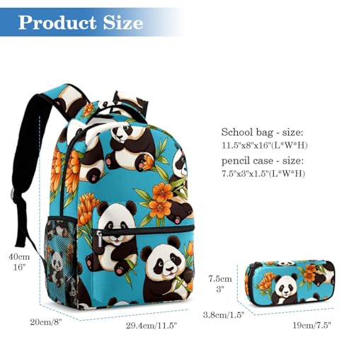 Ensemble sac à dos scolaire grande capacité et trousse à crayons panda bleu