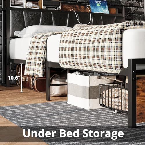 Image of LIKIMIO Full Size Bed Frame with 2 Drawers and Charging Station | Platform Bed with Upholstered Storage Headboard, No Box Spring Needed, Easy Assembly, Sturdy, Industrial Brown and Black
