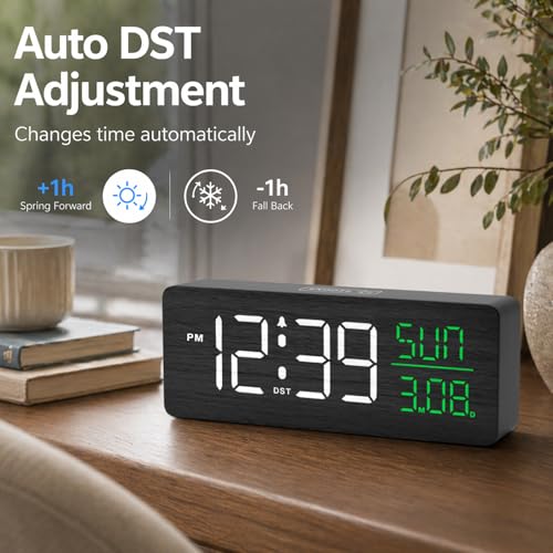 Image of Peakeep Wooden Digital Alarm Clock Large Display, Textured Decoration | for Bedroom Living Room Desk Table, Electric Plug-in Clock Battery Backup with Time Date Day, 5 Brightness, Auto DST