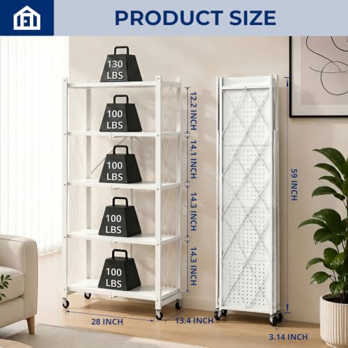 Image of 5 Tier Foldable Storage Shelf with Wheels, Heavy-Duty Metal Shelving Unit, No Assembly Book Shelf Rolling Storage Rack for Garage, Kitchen, Pantry, Closet, Exhibition, Office Decor, White