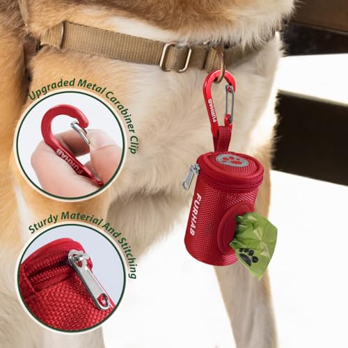 Image of FURHAB Dog Poop Bag Holder for Leash Doggie Waste Bag Dispenser Soft Fabric Puppy Potty Carrier Small Doggy Zipper Pouch with Carabiner Clip 1680D Nylon Oxford with 1 Roll of Pet Trash Bags, Red