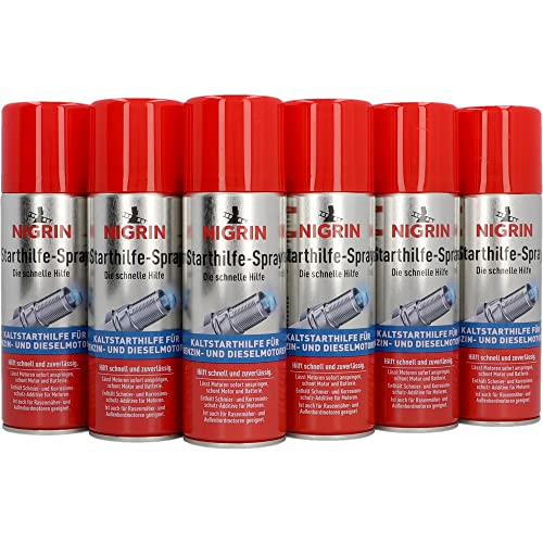 NIGRIN Starthilfespray, 6 x 200 ml, Kaltstarthilfe für Benzin- und Dieselmotoren, mit Schmier- und Korrosionsschutz-Additiven