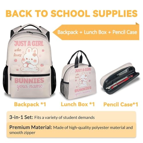 Custom Bunny Kids Backpack with Lunch Box, Set of 3 School Backpacks Matching Combo, Cute Pink Bookbag and Pencil Case Bundle3