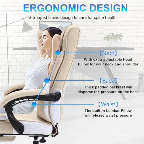 Image of Fully Reclining Office Chair with Foot Rest, Ergonomic Executive Office Desk Chair with Lumbar Support and Headrest, 170 Reclining Recliner High Back Home Leather Computer Chair, Beige
