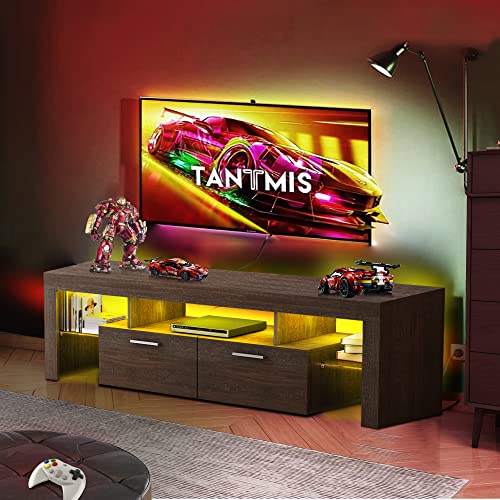 Tantmis TV Stand with LED Lights and Large Storage, Farmhouse Wood