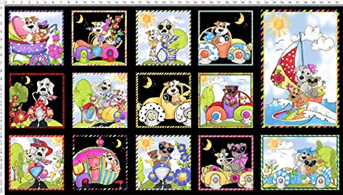 Loralie Designs Go Doggie! Black Fabric Panel for Quilting
