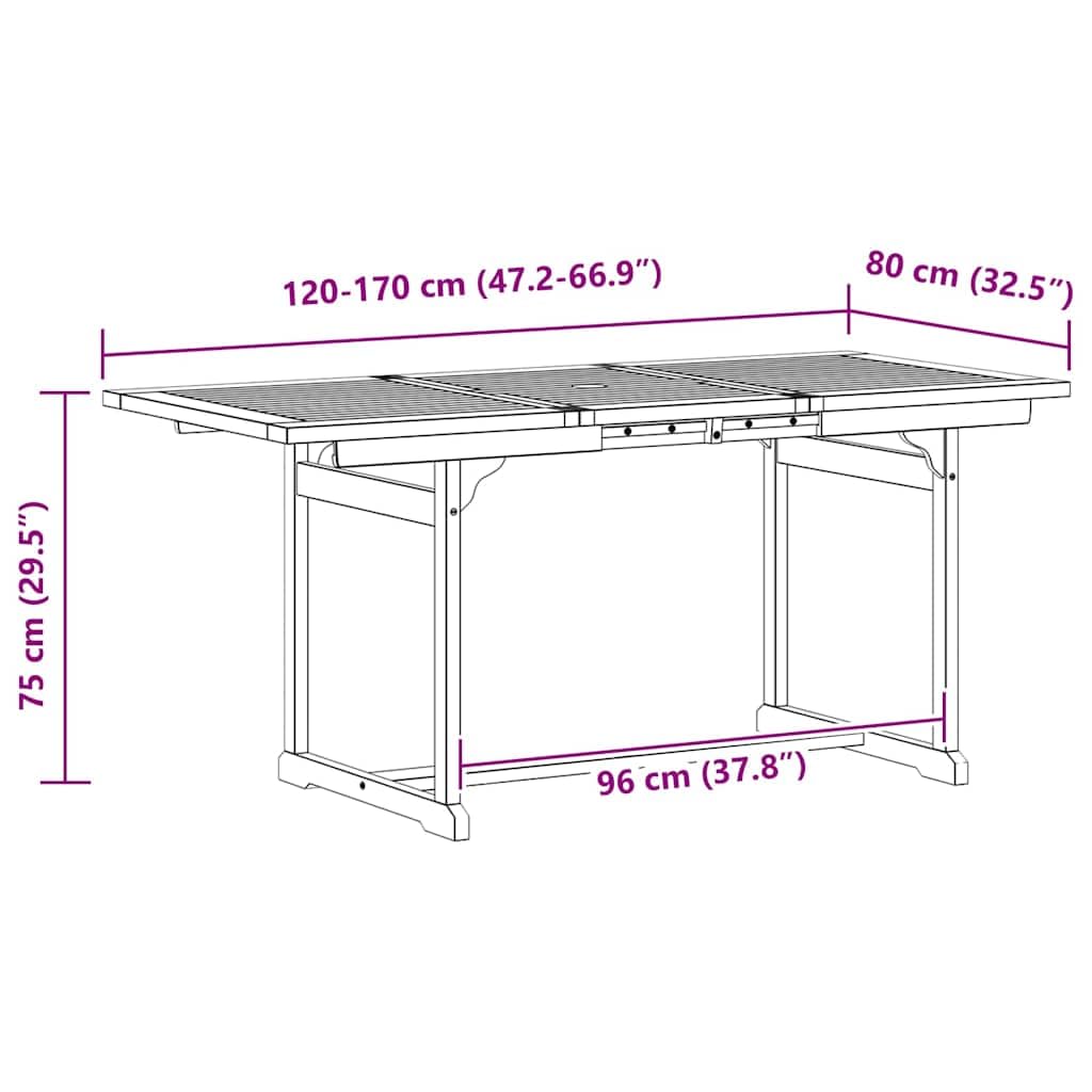 Wysuwany stół ogrodowy z litego drewna akacjowego 120-170 x 80 x 75 cm, stół drewniany, taras, stół do jadalni, do ogrodu, do użytku na zewnątrz