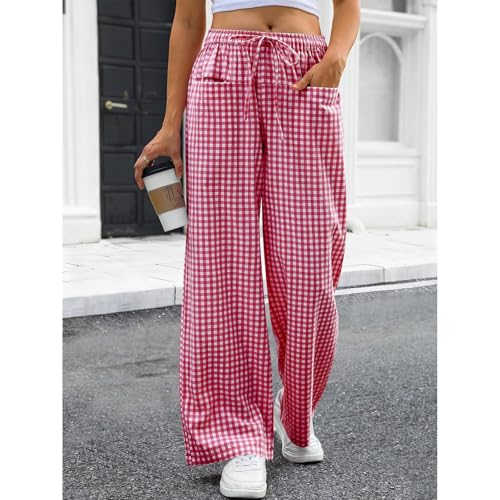 Pantalon fluide femme été à carreaux ample et léger chic