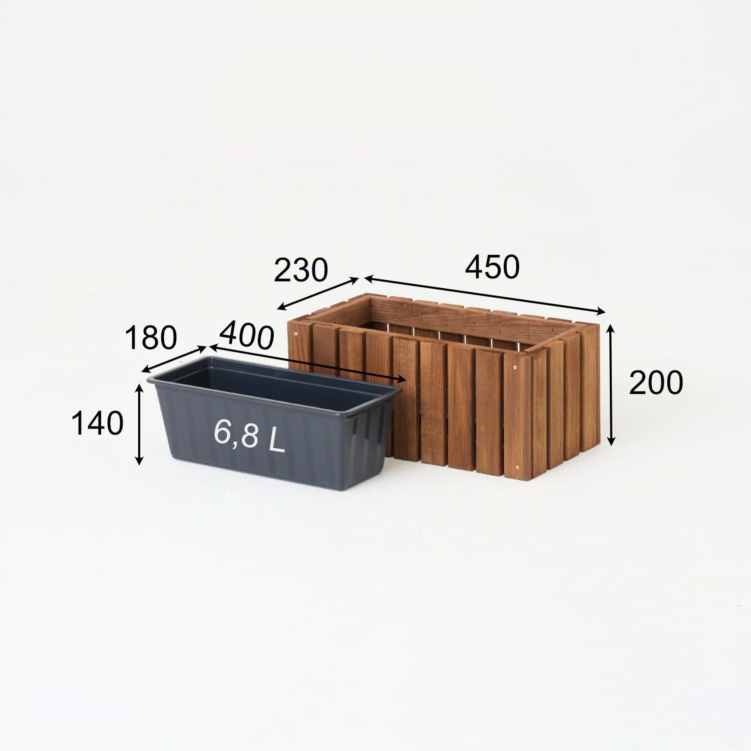 Jardinière en bois rectangulaire – imprégnée marron, avec insert en plastique amovible – Pot de fleurs pour balcon, jardin et terrasse (Vertical marron, 45x23 H20)
