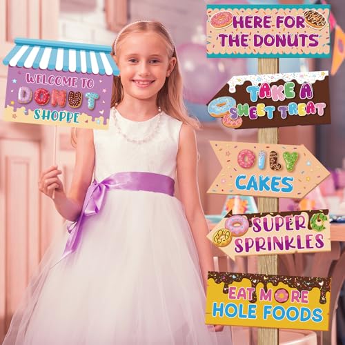 Image of Hooqict 20 Pieces Doughnut Party Sign Welcome to Donut Party Directional Signs for Kids Girls Sweet Donut Themed Birthday Decorations Supplies