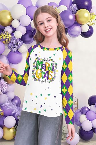 Image of Mardi Gras Shirt for Kids: Toddler Boys Girls Mardi Gras Long Sleeve Happy Carnival Outfits Mask Graphic Tee 4-12 Years