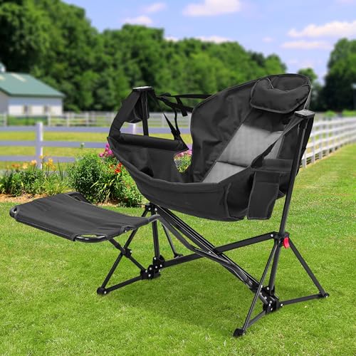 Ainfox Hammock Camping Chair with Footrest Oversized Folding Swinging Chair for Adults Rocking Portable Camp with Cup Holder Pillow for Outdoor Patio Lawn Poolside (Matt Black)