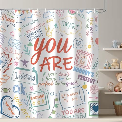 Image of iTapnoom Funny Kids Inspirational Quotes Shower Curtain, Colorful Positive Words Graffiti Artwork Unisex Bathroom Decor Set, Waterproof Polyester Fabric Bath Curtain with Hooks 72x72 Inch