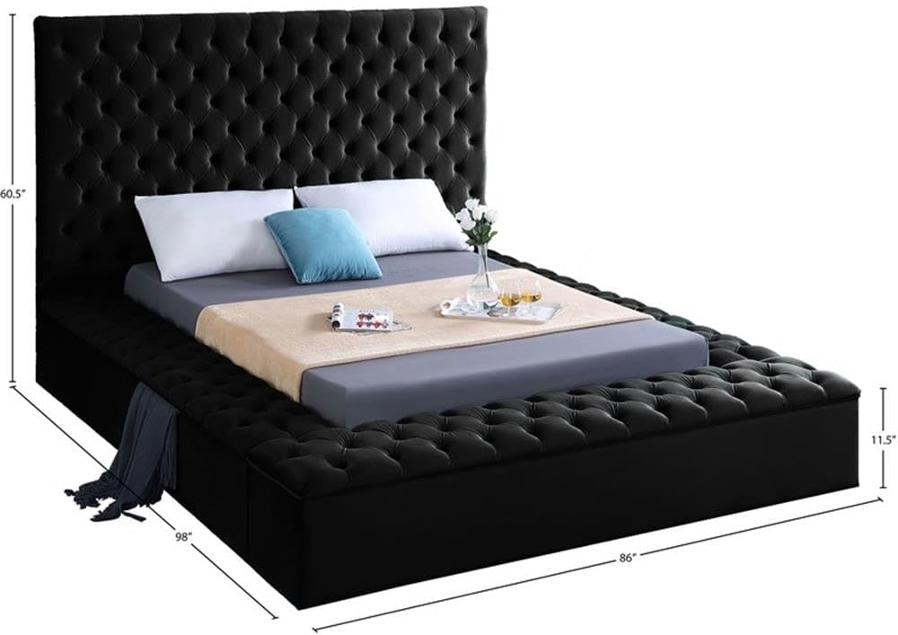 Meridian Furniture Bliss Collection Modern | Contemporary Velvet Upholstered Bed with Deep Button Tufting and Storage Compartments in Rails and Footboard, Black, Queen