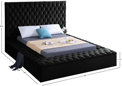Miniatura 3 de Colección moderna Meridian Furniture Bliss, cama tapizada de terciopelo contemporánea con acolchado de botón profundo y compartimentos de Negro