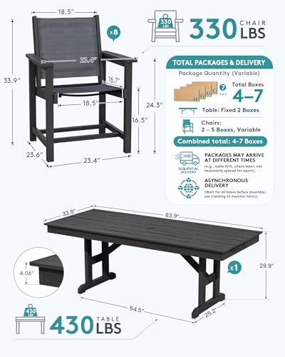 Image of SERWALL 9 Piece 84 inch HDPE Outdoor Dining Set for 8 with Textilene Chairs and Umbrella Hole, Black /Gray