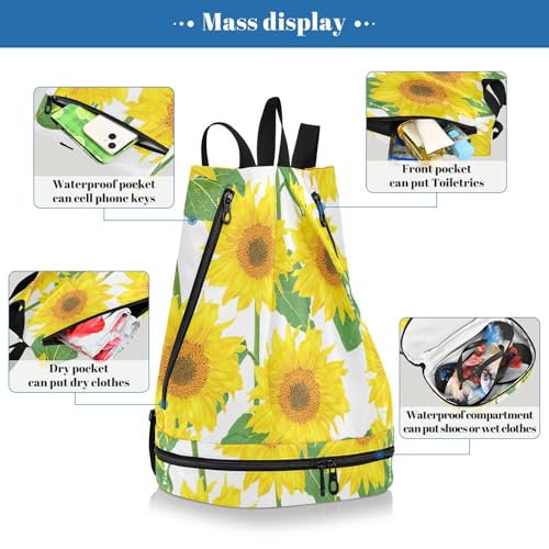 Gym Drawstring Bags Daypacks Backpack Purse Casual Knapsack Shoulder Bag Sitting Rucksack Swimming Equipment Bags Print Yellow Sunflowers WIth Green Leaves On White4