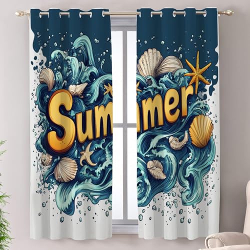 Shrahala Summer Sea Elements Thermal Insulated Blackout Window Curtains, Ocean Themed Illustration Long Drapes for Bedroom/Living Room with Plastic Grommet, 52X63 Set of 2
