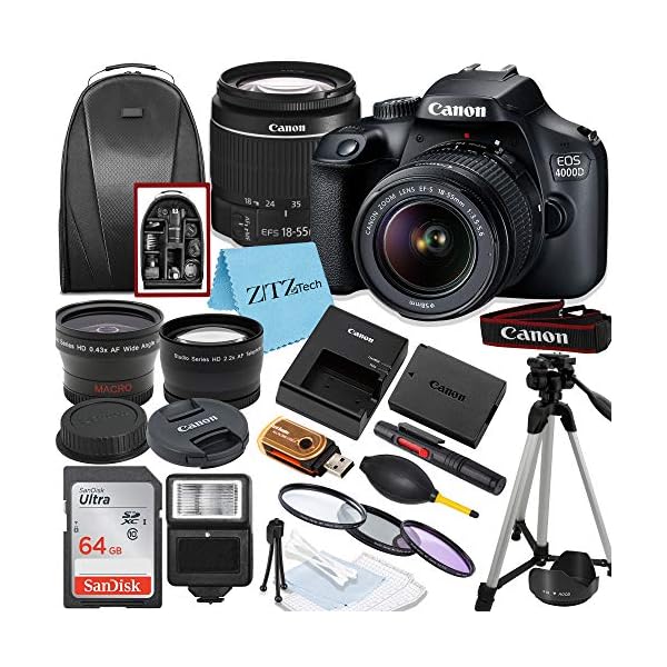 Canon EOS T100/4000D DSLR Camera with EF-S 18-55mm Lens, SanDisk Memory Card, Tripod, Flash, Backpack + ZeeTech Accessory Bundle (Canon 18-55mm, SanDisk 64GB) (Renewed)