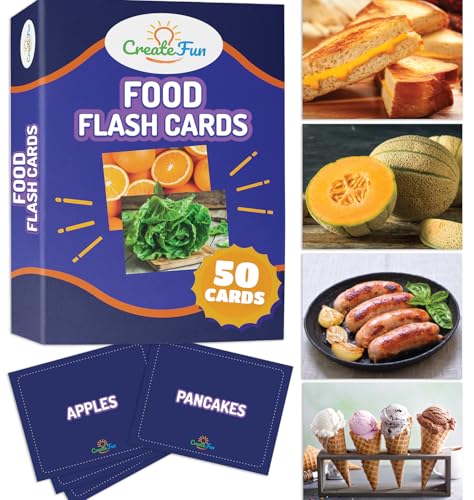 50 Food Double Sided Flash Cards - Nutritious Fruits, Heathly Vegetables, Yummy Desserts & Snacks - Educational Learning Picture Cards for Kids, Adults, Speech Therapy, ESL, ABA, Autism, Dementia