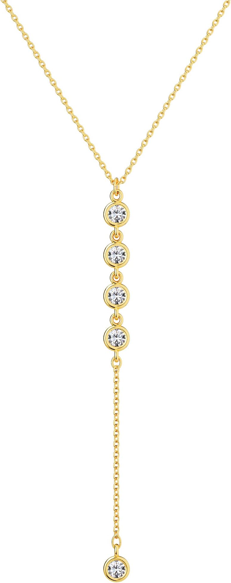 Lariat Gold Necklace for Women, Dainty Long Necklace 14k Gold Plated/Silver Y-Shaped Pendant Necklace Trendy Layered Cz Beaded Chain Drop Necklaces Simple Gold Jewelry For Women Gift
