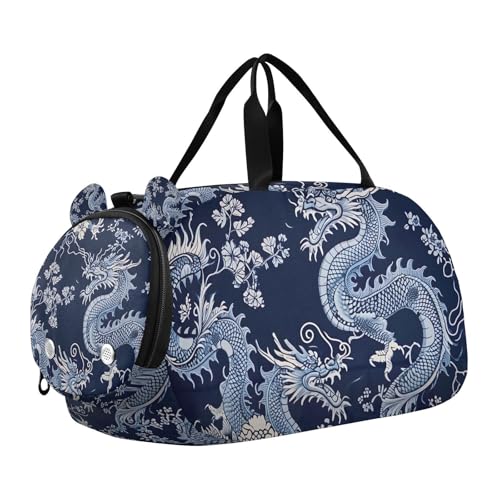 YETTASBIN Sport Travel Duffel Bag for Girls Boys, Chinese Dragon Large Waterproof Weekender Overnight Bag, Detachable Shoulder Strap Gym Bag with Shoe Compartment & Wet Pocket