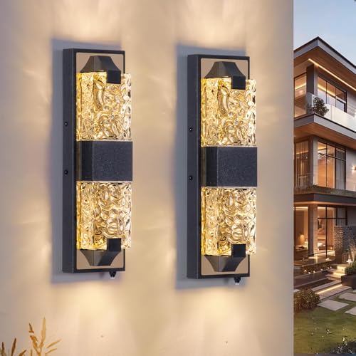 Image of 15.3 inch Dusk to Dawn Outdoor Wall Lights,12W LED Black and Gold 2-Pack | IP65 Waterproof, Ripple Crystal, Hardwired Modern Exterior Sconce, Auto On /Off, for Porch Patio Hallway Entryway House