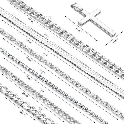 LOYALLOOK 6PCS Silver Chain for Men Women Stainless Steel Cross Chain Layered Cuban Link Figaro Snake Box Chain Cross Pendant Necklace 18-20IN/20-22IN2