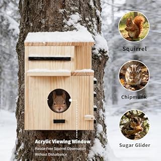 Large Wooden Squirrel House for Outside with Dual Balconies, Squirrel Nesting Box with Acrylic Observation Window, Lockable Front Panel, Easy to Install Squirrel Box for Backyard, Tree or Fence