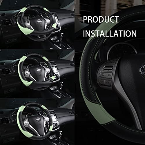 Image of Leather Car Steering Wheel Cover, Non-Slip Car Wheel Cover Protector Breathable Microfiber Leather Universal Fit for Most Cars (Green)