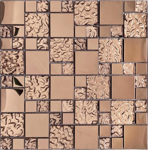 Hominter Rose Gold Metallic Mosaic Textured Glass Tile Shiny Metal Luxury Backsplash for Kitchen & Bathroom, Accent Wall Tiles (6 Square Feet) - Image 3