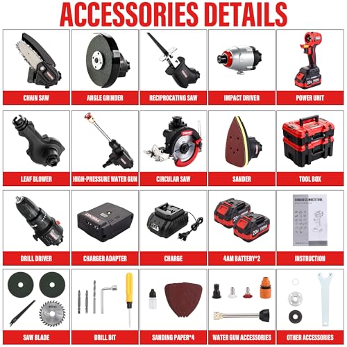 TEENO Power Tool Combo Kit Brushless, 9-in-1 Cordless Interchangeable Multi-Tool Set (Drill, Impact, Grinder, Sander, Circular, Chain & Reciprocating Saws, Blower, Washer), 2x 4.0Ah Batteries 20V Max - Image 3