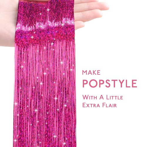 Image of WENNALIFE Hair Tinsel for Girls, Rose Red Fairy Kit 1200 Strands 6PCS 48 Inch Heat Resistant Glitter Tinsel Hair Extensions Kit Christmas Feathers Sparkle Strands