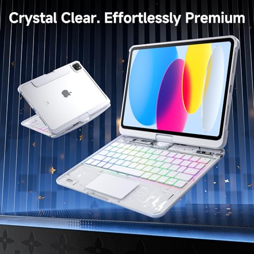 Image of Clear Wireless Keyboard Case for iPad (A16) 11th Generation 11-inch 2025 / iPad 10th Generation 10.9-inch 2022 with Pencil Holder & Multi-Touch Trackpad, 7-Color Backlit, 360 Rotatable,White