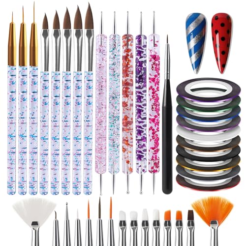 Artdone 38Pcs Nail Striping Tape Lines Kit With Nail Art Pens Dotting Tools And Liner Brushes For Gel Polish Small Detail Drawing Design Paint
