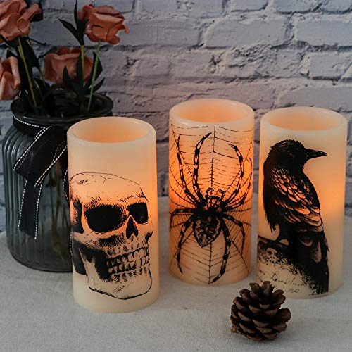 Image of Wondise Halloween Flickering Flameless Candles with 6hrs Timer, Battery Operated LED Real Wax Candles Set of 3 Skull, Spider Web, Crow Raven Decals Halloween Home Decoration Gifts(3 x 3 x 6 Inch)