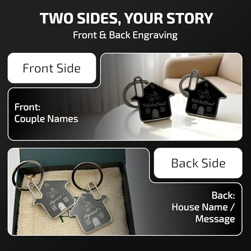 Image of Couple Keychain Set with Name & House Engraving - Custom Keychains for Him & Her | Personalized Name Tag Key Chain Pair, Matching Couple Key Tags, Customized Home Keyring Set | Gift Box Included