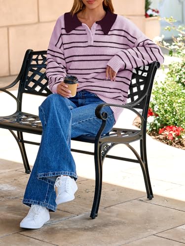 Saodimallsu Womens Striped Swaters Button Collared Polo Shirts Oversized Long Sleeve Chunky Knit Trendy Pullover Tops4