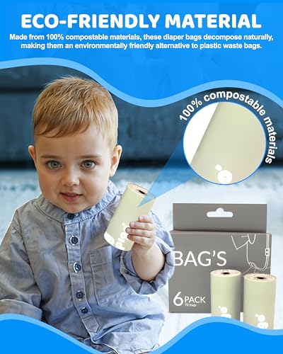 Image of Compostable Disposable Diaper Bags Refills | 6 Rolls, 72 Leak-Proof, XL Biodegradable Baby Poop Bags | Eco-Friendly Diaper Trash Bags for Home, Travel, Pet Waste | Odor-Free, (Beige)