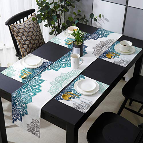Seven Roses Mandala Pattern Floral Filling Burlap Linen Table Runner And Placemats Set Of 6, Teal Black Gradient White Backdrop Washable Dining Table Decor Set For Kitchen, Party, Banquet, 13"X90" #TOP1