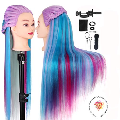 Cabeza de Maniquí, MYSWEETY 26 100% Cabello Sintético Practicas Formación Muñeca de La Cosmetología Práctica Maniquí Muñeca para Peluquería con Soporte + Accesorios de Peinado DIY ( 4 Colores )