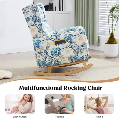 Image of HCHAIRH Rocking Chair Nursery for Mom Nursery Rocker with High Backrest and Solid Wood Legs, Modern Wingback Accent Chair for Bedroom Reading Living Room, Blue Floral