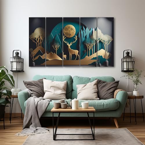 Image of The Castle Decor White & Golden Deer Digital Painting - Wooden Framed Wall Art for Living Room, Bedroom and Hotels (Multi Color - Design 6, 27x48 Inch)