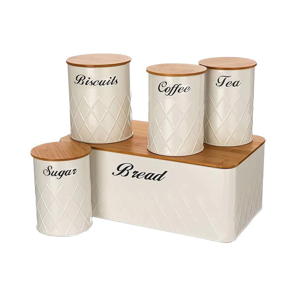 Bread bin set, Tea Coffee Sugar Bread bin sets, Biscuit Barrel Canister Round Jars bread bin tea canisters sets for the kitchen tea coffee and sugar canisters set kitchen Storage Airtight Bamboo Lids