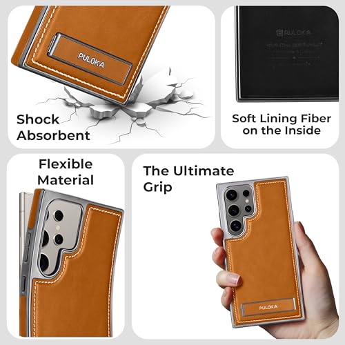 Image of PULOKA Chrome Leather Back Case - Compatible with Samsung Galaxy S23 Ultra - Luxury Bumper Case - Flexible Vegan Leather - Electroplated Sides - Full Camera Protetection & Raised Edges - Tan