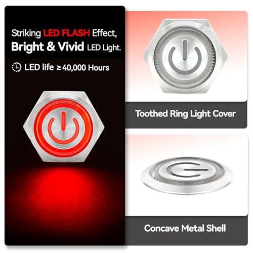 Image of UL Listed 15Amp 16mm Latching Push Button Switch 12V-24V IP67 Waterproof SPST 1NO Stainless Steel with Wire Socket Red 2Pcs