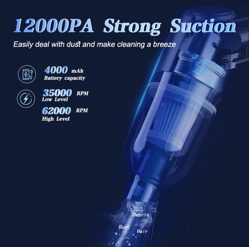 Aspiradora de mano inalámbrica para automóvil, aspiradora portátil de alta potencia de 12000 PA, mini aspiradora recargable y plumero de aire, aspiradora de mano 4 en 1 con múltiples boquillas para 3