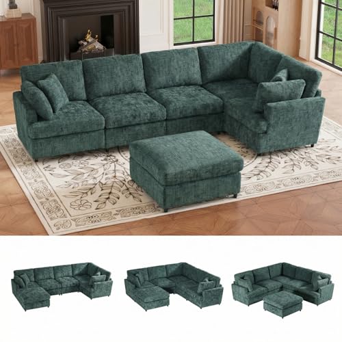 Image of 122.6 inch Chenille Modular Sectional 6 Seater Sofa, Deep Seat Couch with Ottoman & Removable Covers, Free Combination Modern Couch, L /U Shaped Modular Sectional Sofa, for Living Room, Apartment, Green