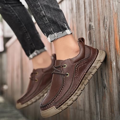 Men's Genuine Leather Lace up Casual Shoes Comfort Round Toe Lug Sole Handmade Loafers Outdoor Work Non Slip Driving Shoes 6