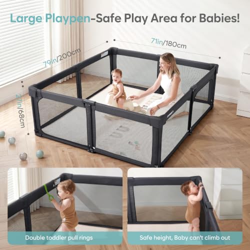 Image of Baby Playpen Portable, Pre-Assembled Play Pen 71x79 Large Foldable Playpen for Babies and Toddlers, Sturdy and Safe Toddler Play Yard Indoor Outdoor with Carry Bag, Black